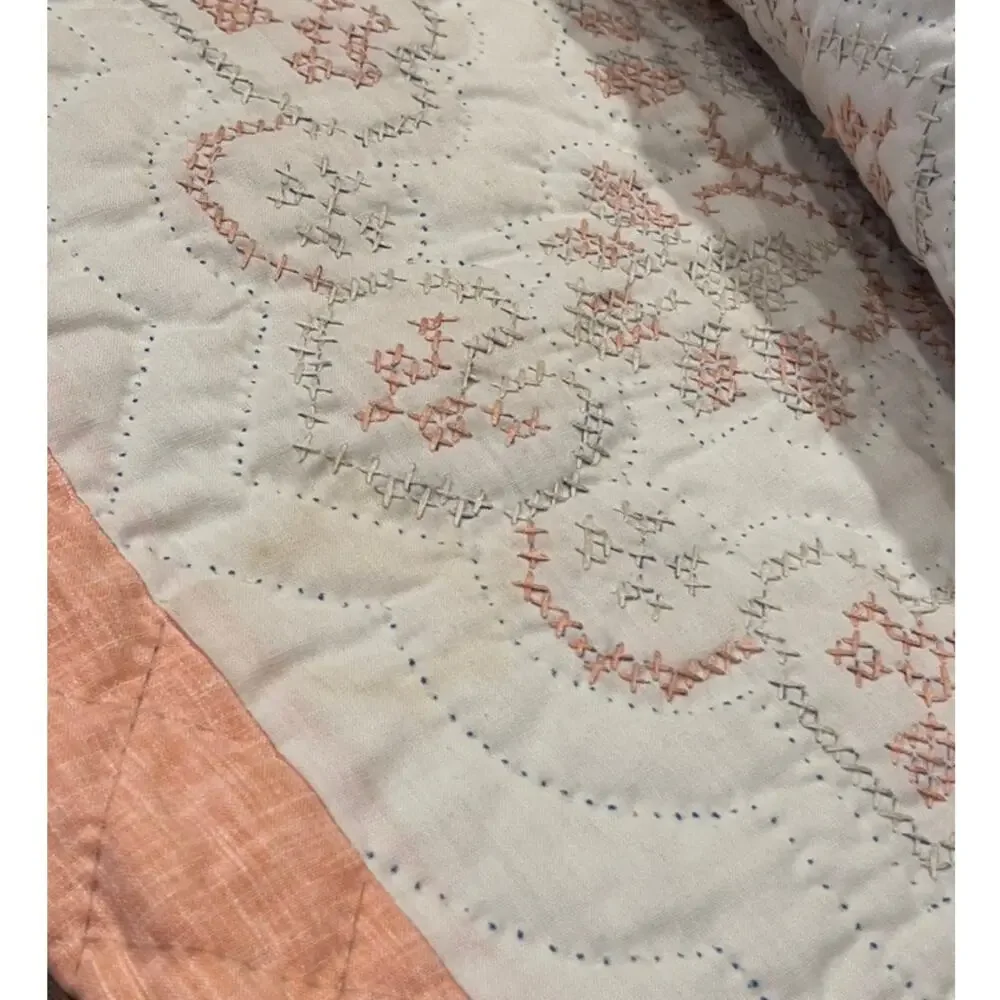 Vtg Handmade Stitched Quilt Twin 101 x 88 Peach Incomplete Project Cottage Retro